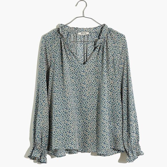 Madewell 100% Silk Poet Top Dusty Slate Blue & Cream Bitsy Floral Size Medium - Picture 2 of 15